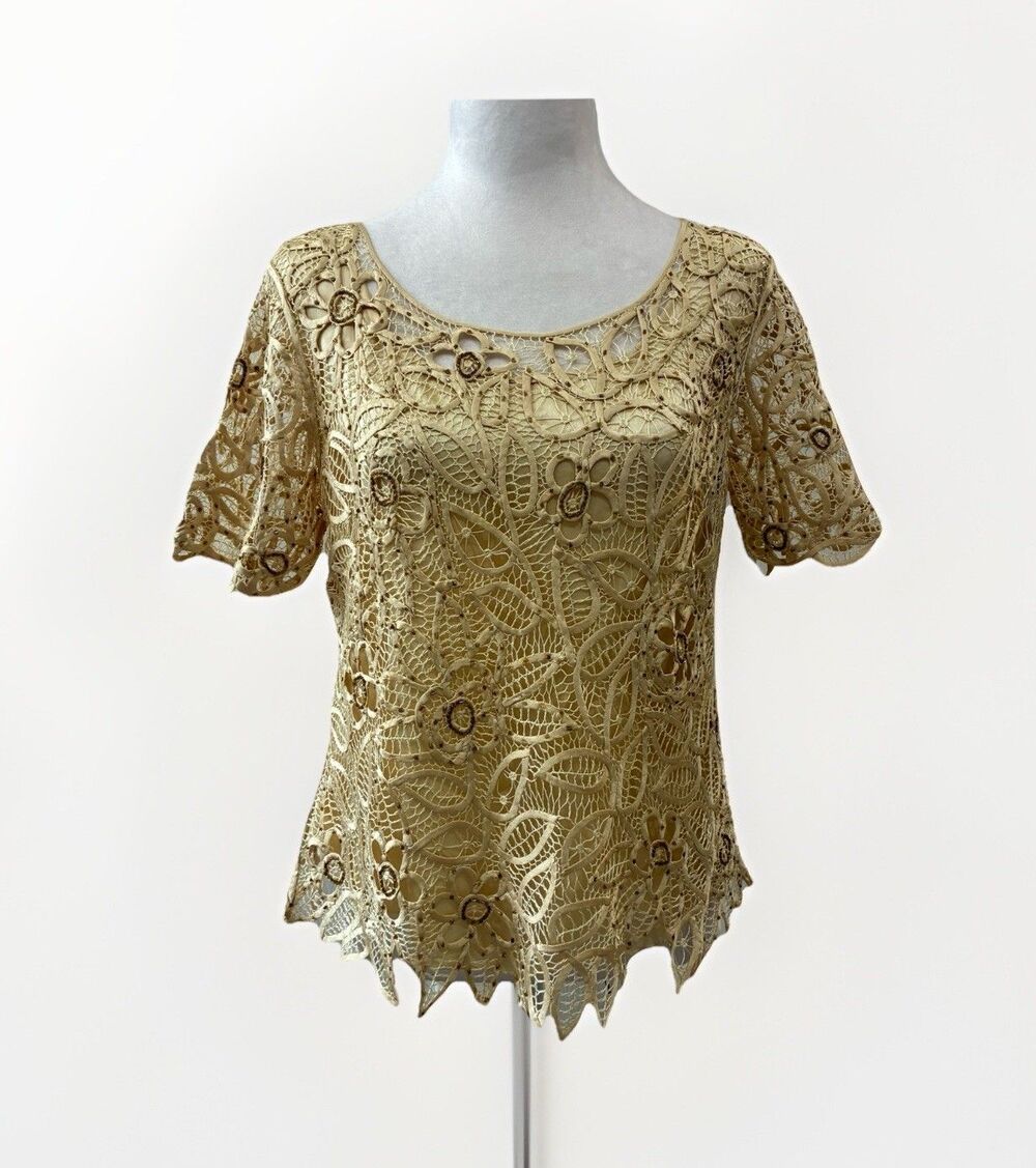 Vtg SILKEN POETRY Top Womens L Hand Beaded Silk Guipure Lace Layered Coquette